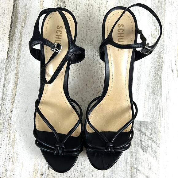 SCHUTZ Women’s 11 Kelsie Black Leather Platform Strappy Block Heel Sandals - Picture 2 of 10